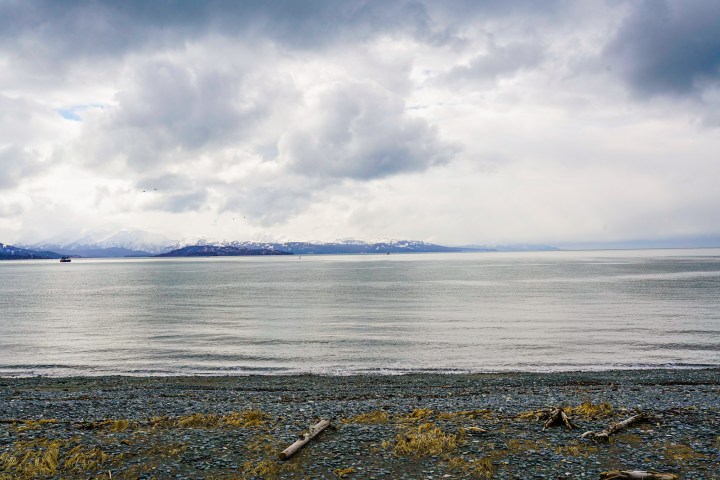 a sandy beach next to a body of water